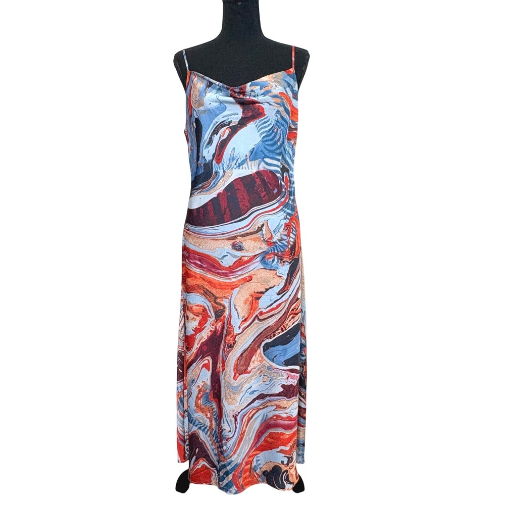 Skies Are Blue Abstract Bias Midi Slip Dress M Y2K Artsy Maximalist Cowl Neck